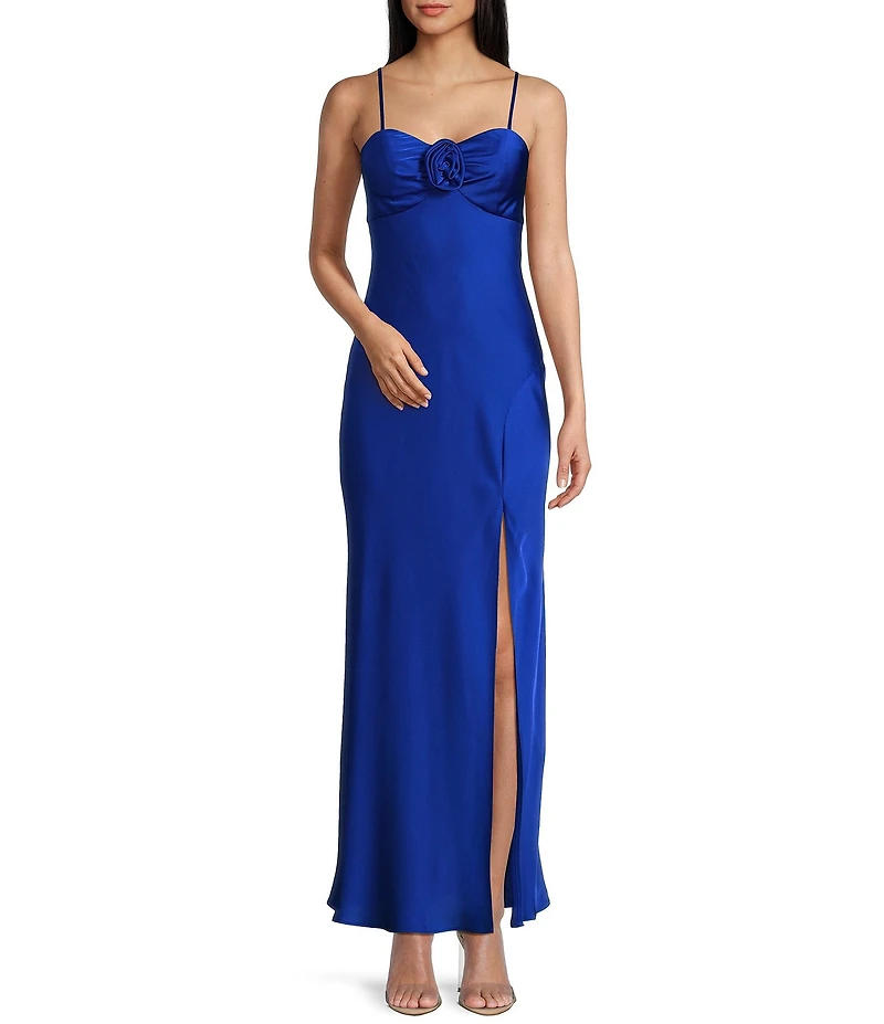 Next Up Satin Sweetheart Neck Front Rosette Side Slit Midi Dress