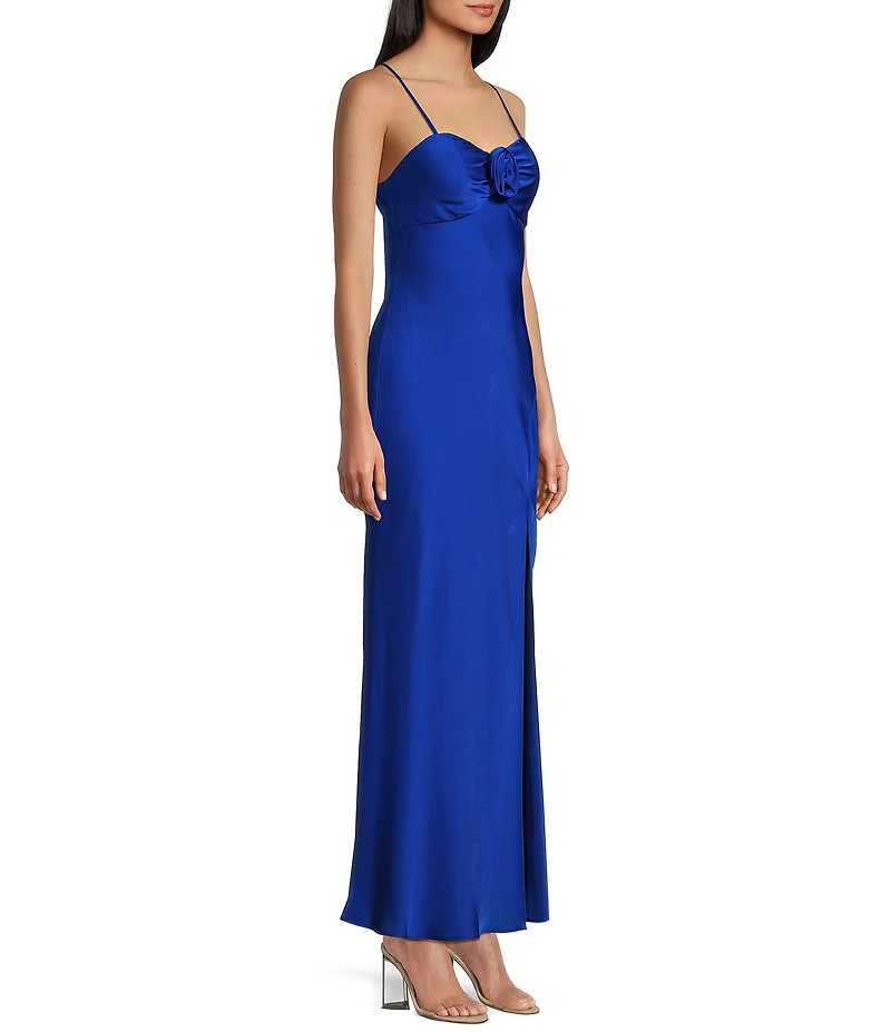 Next Up Satin Sweetheart Neck Front Rosette Side Slit Midi Dress