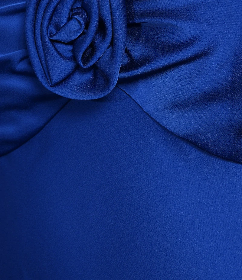 Next Up Satin Sweetheart Neck Front Rosette Side Slit Midi Dress