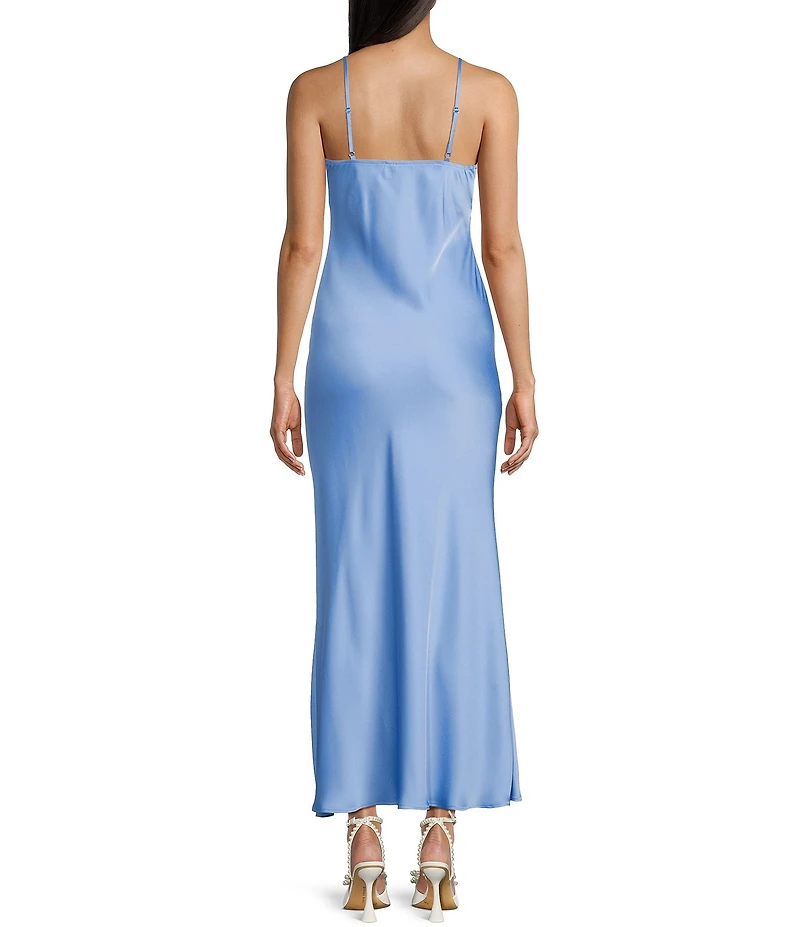 Next Up Satin Sweetheart Neck Front Rosette Side Slit Midi Dress