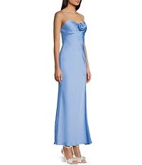 Next Up Satin Sweetheart Neck Front Rosette Side Slit Midi Dress