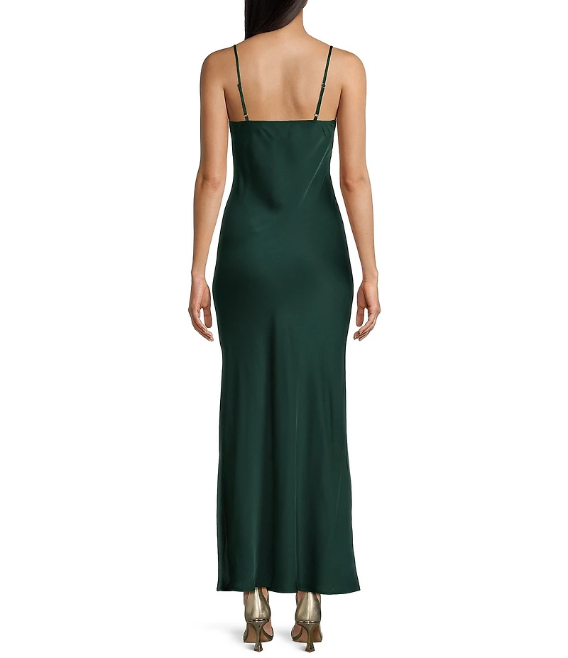 Next Up Satin Sweetheart Neck Front Rosette Side Slit Midi Dress