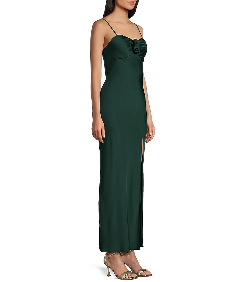 Next Up Satin Sweetheart Neck Front Rosette Side Slit Midi Dress