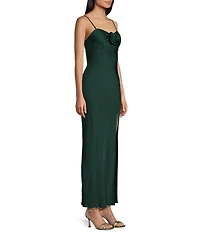 Next Up Satin Sweetheart Neck Front Rosette Side Slit Midi Dress