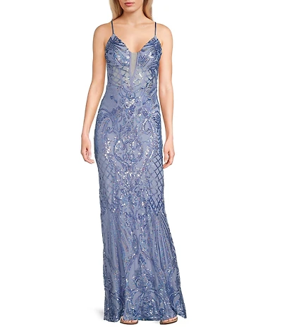 Next Up Sequin Low V-Neck Mesh Inset Sleeveless Dress