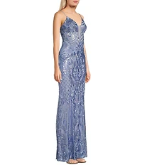 Next Up Sequin Low V-Neck Mesh Inset Sleeveless Dress