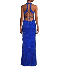 Next Up Sequin Pattern V-Neck Sleeveless X-Back Loop and Lacing Long Dress