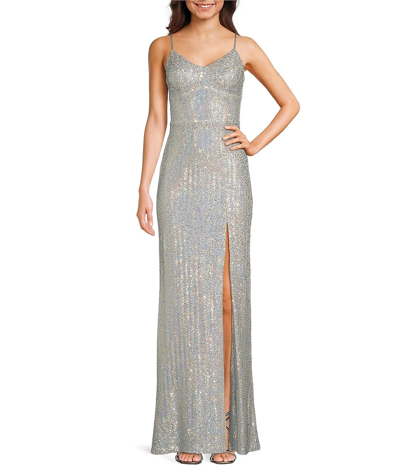 Next Up Sequin V-Neck Spaghetti Strap Tie Back Front Slit Dress