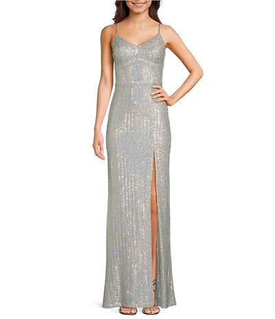 Next Up Sequin V-Neck Spaghetti Strap Tie Back Front Slit Dress