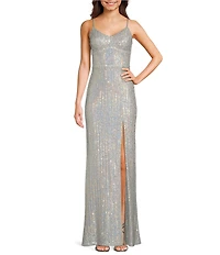 Next Up Sequin V-Neck Spaghetti Strap Tie Back Front Slit Dress