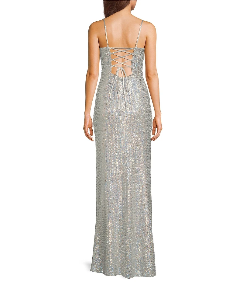 Next Up Sequin V-Neck Spaghetti Strap Tie Back Front Slit Dress