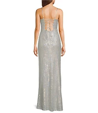 Next Up Sequin V-Neck Spaghetti Strap Tie Back Front Slit Dress