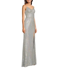 Next Up Sequin V-Neck Spaghetti Strap Tie Back Front Slit Dress
