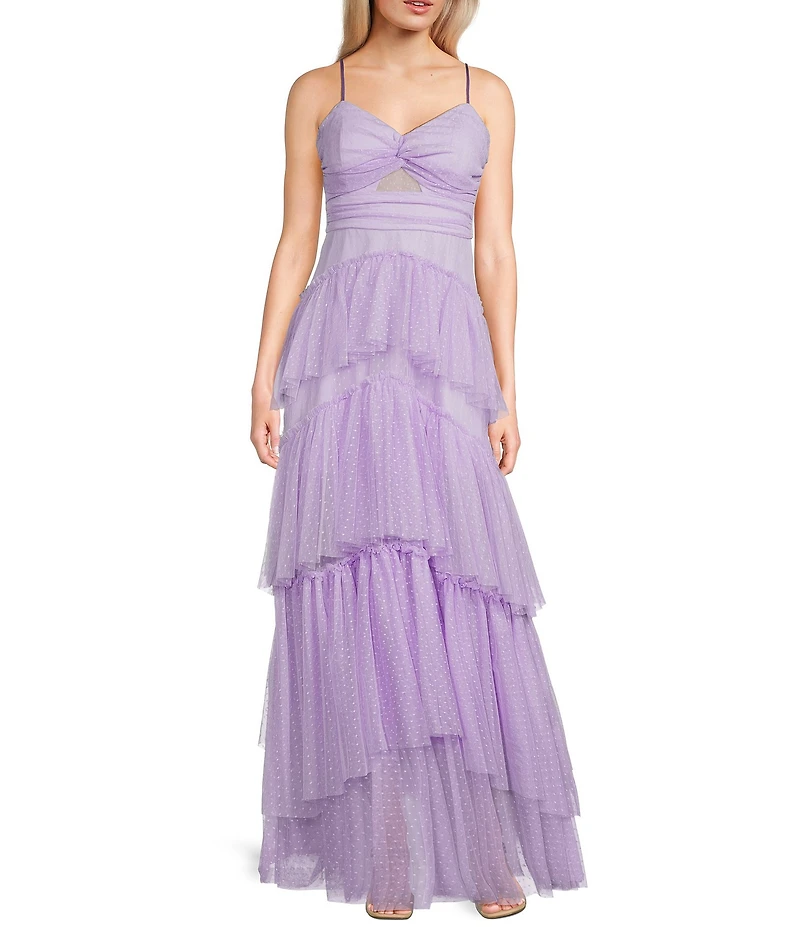 Next Up Solid Dot Mesh Sweetheart Neck Twist Front Adjustable Spaghetti Strap Tiered Ruffle Dress