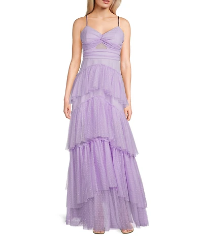 Next Up Solid Dot Mesh Sweetheart Neck Twist Front Adjustable Spaghetti Strap Tiered Ruffle Dress