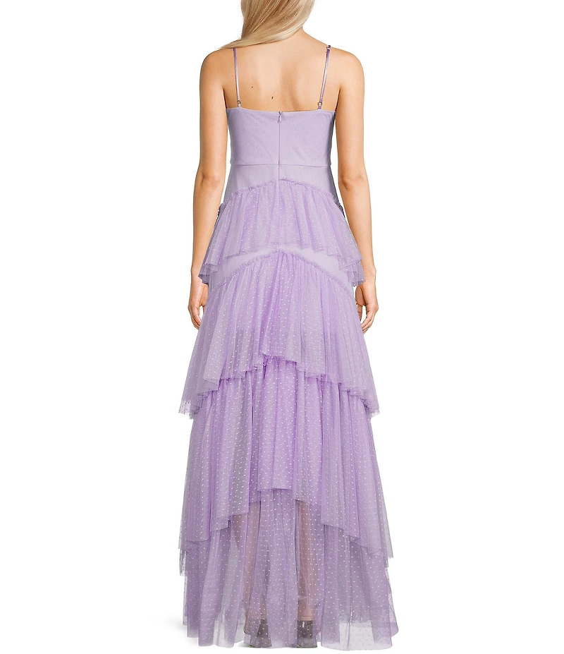 Next Up Solid Dot Mesh Sweetheart Neck Twist Front Adjustable Spaghetti Strap Tiered Ruffle Dress