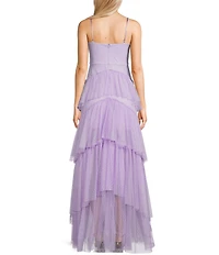 Next Up Solid Dot Mesh Sweetheart Neck Twist Front Adjustable Spaghetti Strap Tiered Ruffle Dress