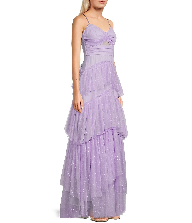 Next Up Solid Dot Mesh Sweetheart Neck Twist Front Adjustable Spaghetti Strap Tiered Ruffle Dress