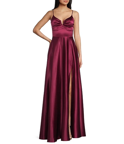 Next Up Spaghetti Strap Notch V-Wire Front Slit Long Dress
