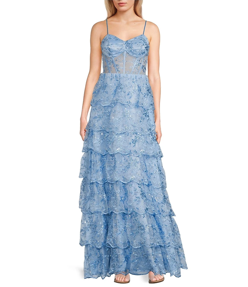 Next Up Spaghetti Strap Sequin Embroidered 7-Scallop Edge Ruffle Dress