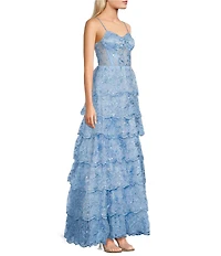 Next Up Spaghetti Strap Sequin Embroidered 7-Scallop Edge Ruffle Dress