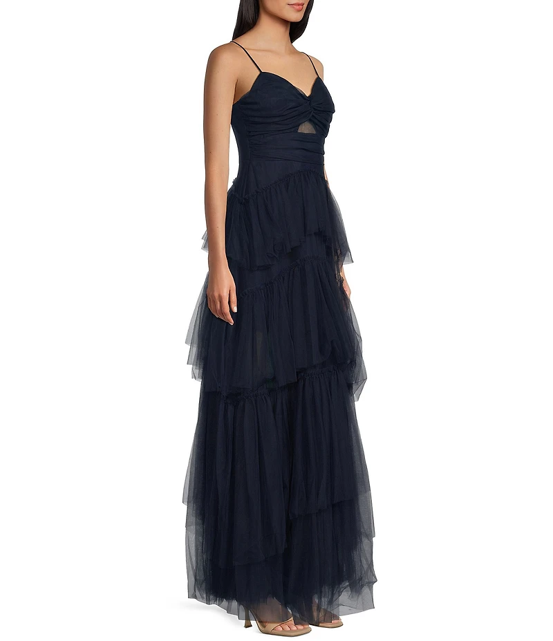 Next Up Twist Front Cut-Out Tiered Tulle Long Dress