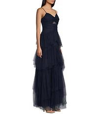 Next Up Twist Front Cut-Out Tiered Tulle Long Dress