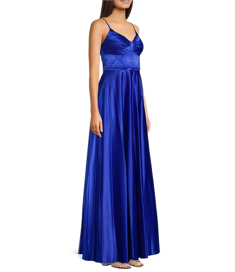 Next Up V-Neck Spaghetti Strap Pleated Bust Front Slit Dress
