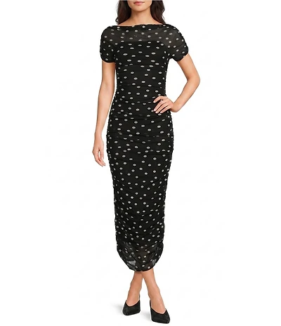 NIA Aria Mesh Ruched Polka Dot Midi Dress
