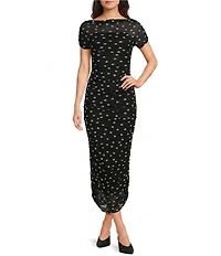 NIA Aria Mesh Ruched Polka Dot Midi Dress
