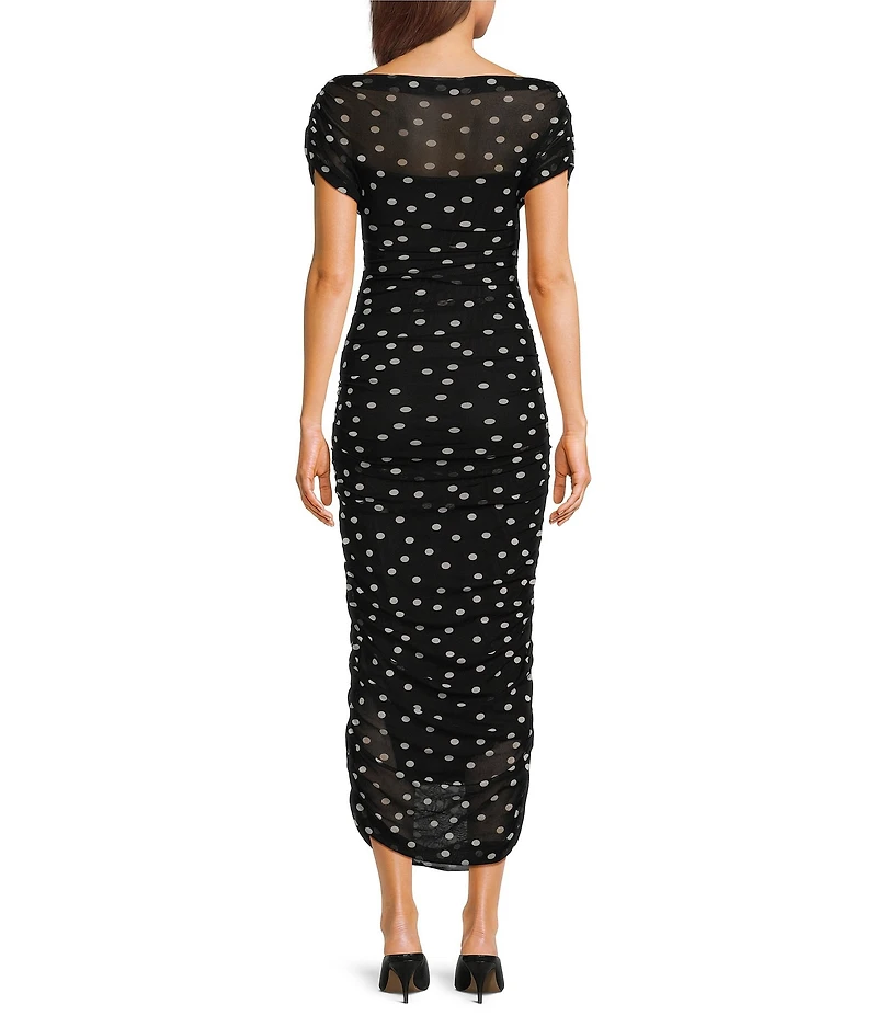 NIA Aria Mesh Ruched Polka Dot Midi Dress