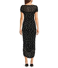 NIA Aria Mesh Ruched Polka Dot Midi Dress