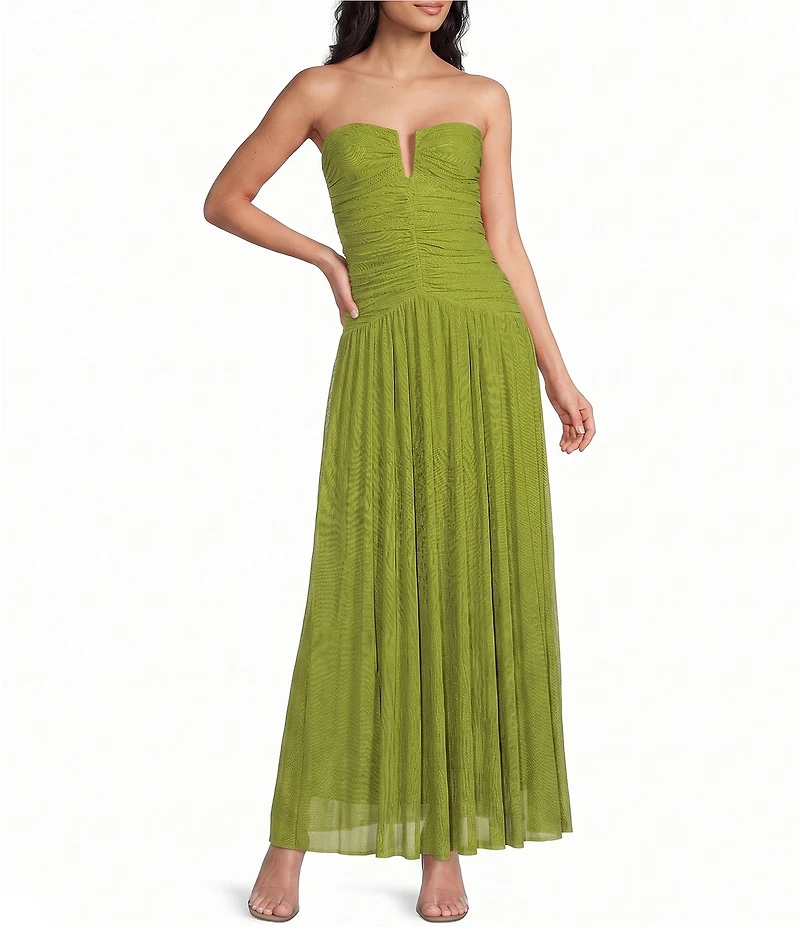 NIA Beverly Strapless V-Neck Drop Waist Ruched Maxi Dress