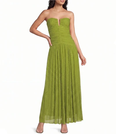 NIA Beverly Strapless V-Neck Drop Waist Ruched Maxi Dress