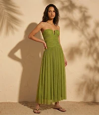 NIA Beverly Strapless V-Neck Drop Waist Ruched Maxi Dress