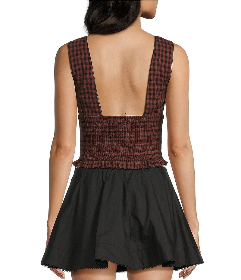 NIA Bleu Checker Sleeveless V-Neck Smocked Top