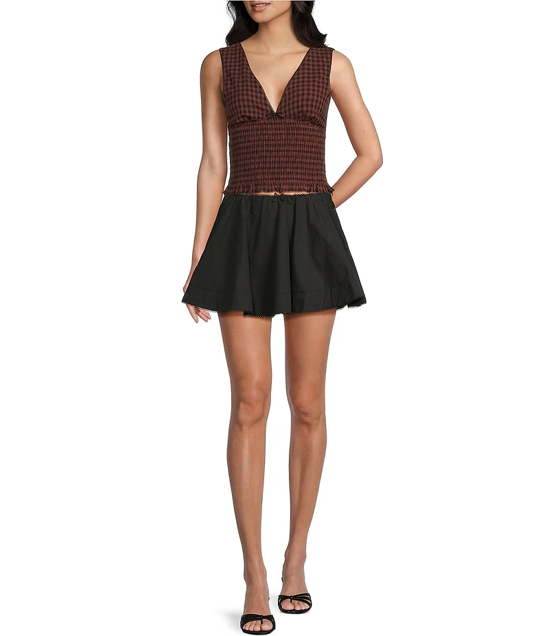 NIA Bleu Checker Sleeveless V-Neck Smocked Top