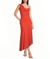 NIA Cielo Cowl Neck Asymmetric Straps Draped Midi Dress