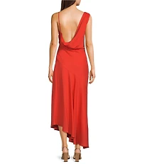NIA Cielo Cowl Neck Asymmetric Straps Draped Midi Dress