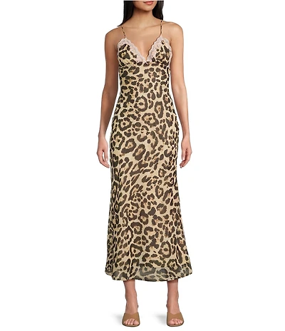 NIA Jasmine Cheetah V-Neck Lace Trim Maxi Dress