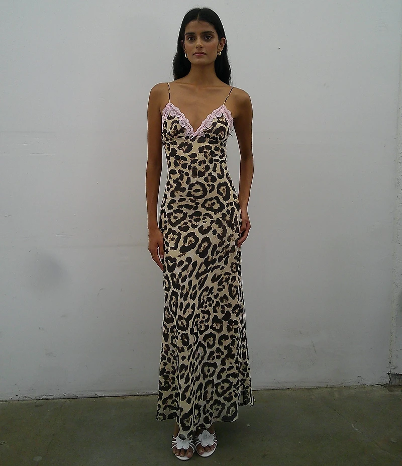 NIA Jasmine Cheetah V-Neck Lace Trim Maxi Dress