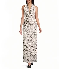 NIA Sampaio Chiffon Cowl Neck Sleeveless Printed Ruched Maxi Dress