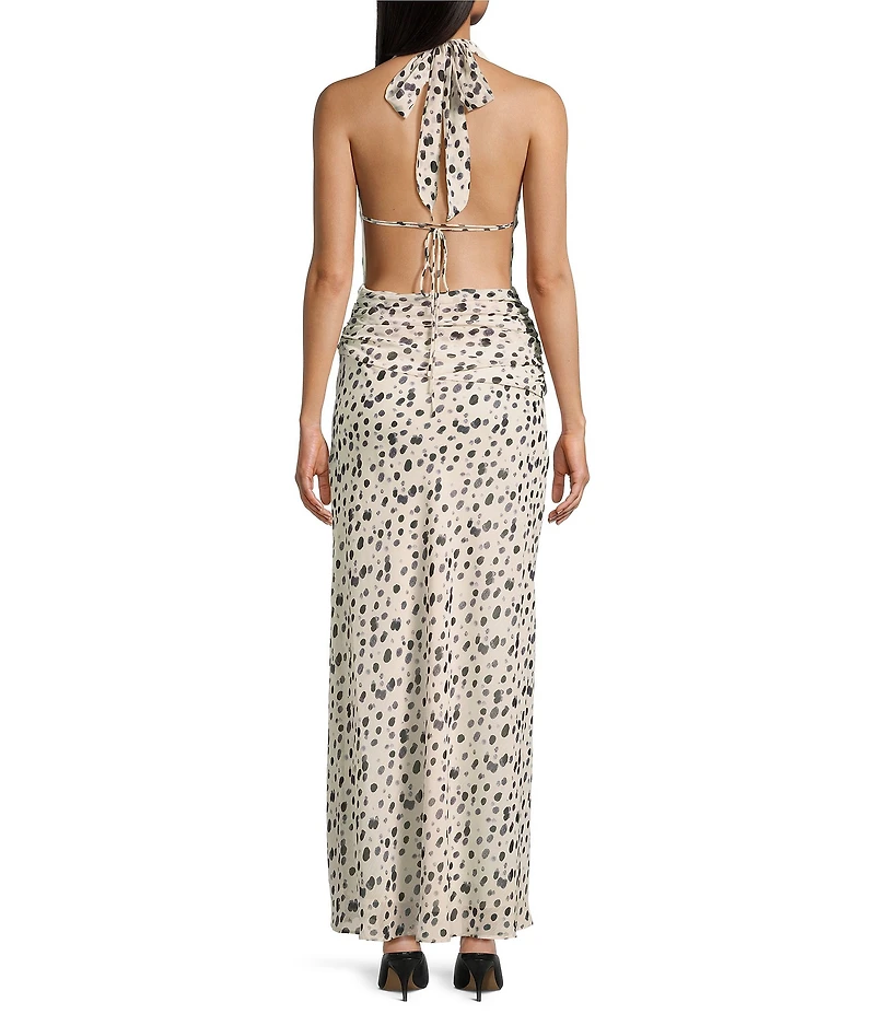 NIA Sampaio Chiffon Cowl Neck Sleeveless Printed Ruched Maxi Dress