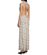 NIA Sampaio Chiffon Cowl Neck Sleeveless Printed Ruched Maxi Dress