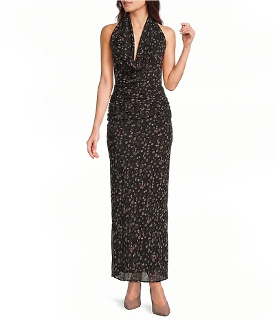 NIA Sampaio Chiffon Cowl Neck Sleeveless Printed Ruched Maxi Dress