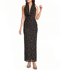 NIA Sampaio Chiffon Cowl Neck Sleeveless Printed Ruched Maxi Dress