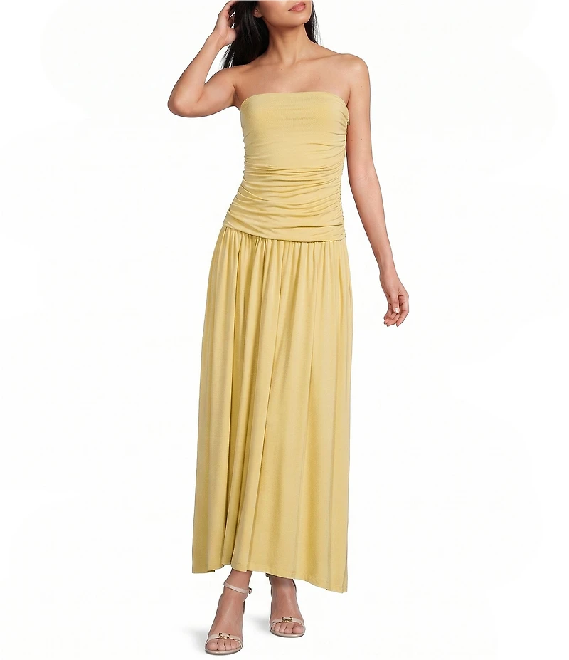 NIA Santal Jersey Strapless Ruched Bodice Drop Waist Maxi Dress
