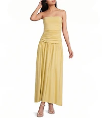 NIA Santal Jersey Strapless Ruched Bodice Drop Waist Maxi Dress
