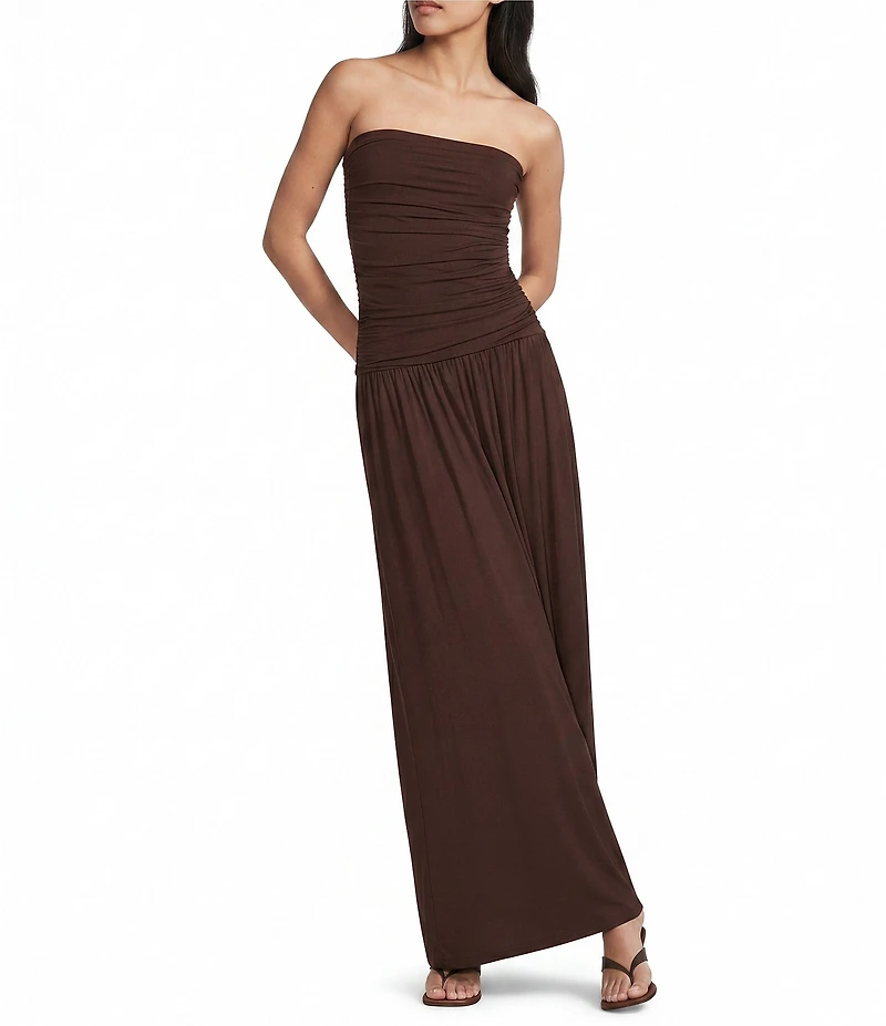 NIA Santal Jersey Strapless Ruched Bodice Drop Waist Maxi Dress