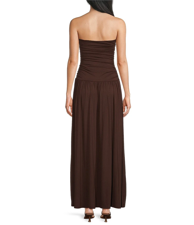 NIA Santal Jersey Strapless Ruched Bodice Drop Waist Maxi Dress